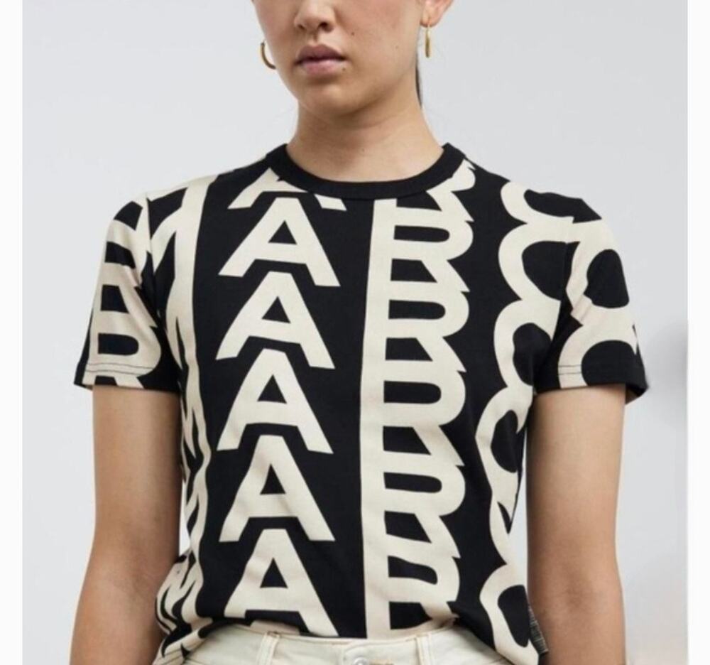 Marc Jacobs Monogram Baby Tee Ivory Black Logo Fitted Cropped T-Shirt NWT Small